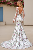 Ivory Flower Long Sleeves Printed Mermaid Long Wedding Dress