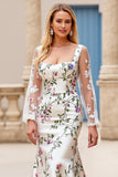 Ivory Flower Long Sleeves Printed Mermaid Long Wedding Dress