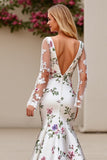 Ivory Flower Long Sleeves Printed Mermaid Long Wedding Dress