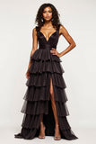 Black A Line V-Neck Ruffles Satin Organza Prom Dress