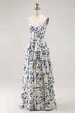 Blue Flower A-Line Tiered Spaghetti Straps Long Bridesmaid Dress with Slit