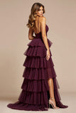 Purple A-Line Spaghetti Straps Ruffles Tulle Long Prom Dress with Slit