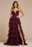 Purple A-Line Spaghetti Straps Ruffles Tulle Long Prom Dress with Slit