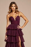 Purple A-Line Spaghetti Straps Ruffles Tulle Long Prom Dress with Slit