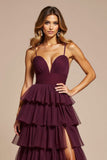 Purple A-Line Spaghetti Straps Ruffles Tulle Long Prom Dress with Slit