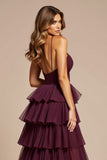 Purple A-Line Spaghetti Straps Ruffles Tulle Long Prom Dress with Slit