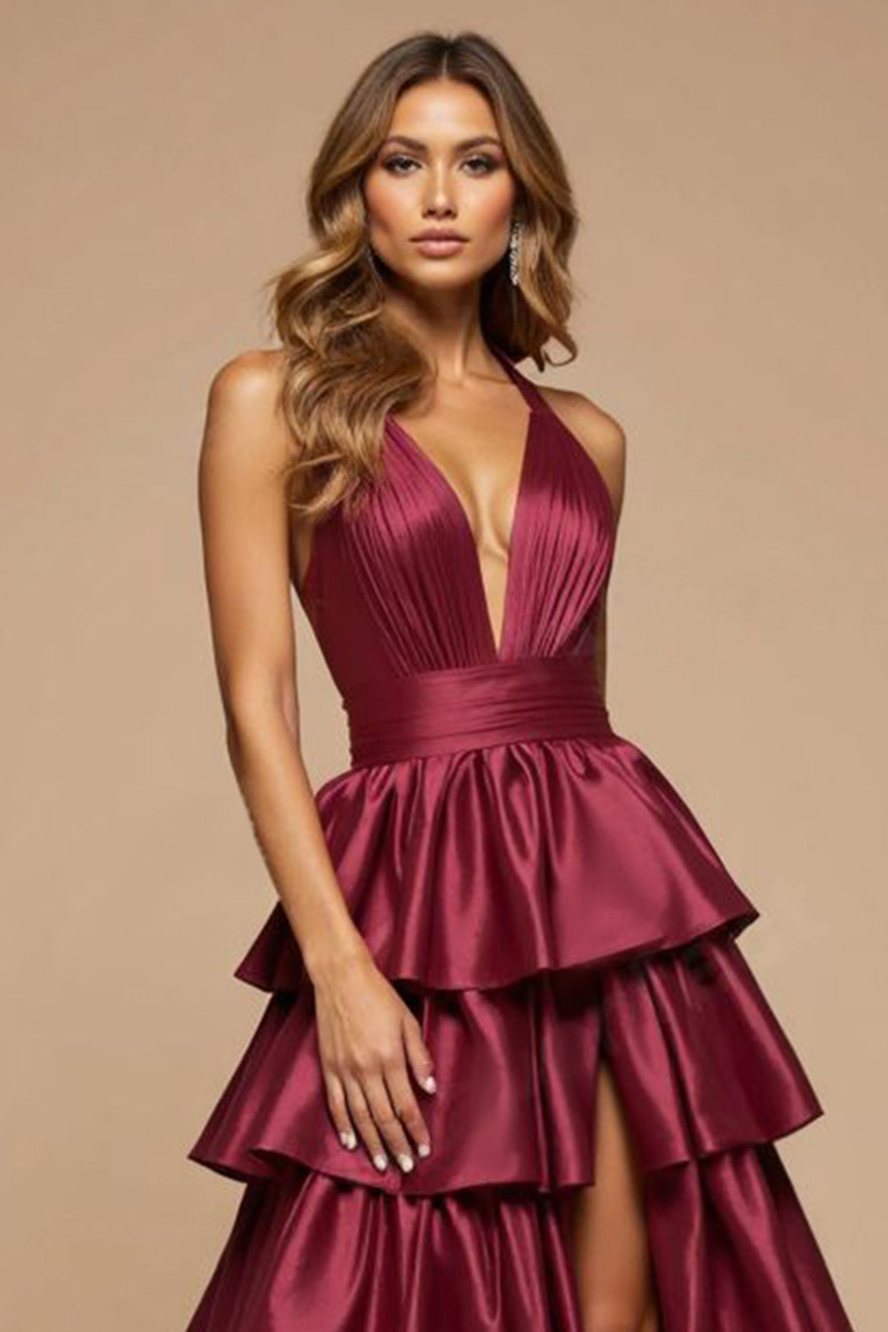 WEDTREND Women Burgundy Long Prom Dress A-Line Halter Ruffles Satin Formal Dress with Slit WEDTREND Women Burgundy Long Prom Dress A-Line Halter Ruffles Satin Formal Dress with Slit