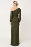 Elegant Sheath One Shoulder Olive Ruched Bridesmaid Dress with Slit