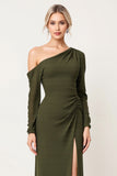 Elegant Sheath One Shoulder Olive Ruched Bridesmaid Dress with Slit