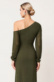 Elegant Sheath One Shoulder Olive Ruched Bridesmaid Dress with Slit