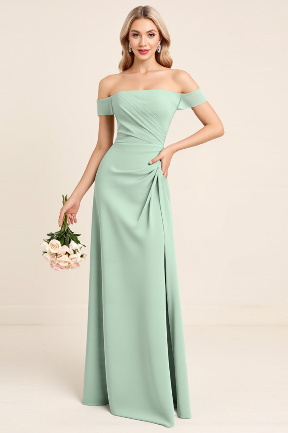 Wedtrend Women Mint Ruched Long Bridesmaid Dress with Slit Off The Shoulder Wedding Guest Dress WEDTREND Wedtrend Women Mint Ruched Long Bridesmaid Dress with Slit Off The Shoulder Wedding Guest Dress WEDTREND