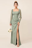 Eucalyptus Sheath Square Neck Long Sleeves Long Bridesmaid Dress