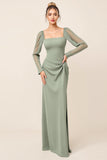 Eucalyptus Sheath Square Neck Long Sleeves Long Bridesmaid Dress