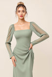 Eucalyptus Sheath Square Neck Long Sleeves Long Bridesmaid Dress