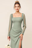 Eucalyptus Sheath Square Neck Long Sleeves Long Bridesmaid Dress