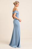 Dusty Blue Sheath Ruched Off The Shoulder Long Bridesmaid Dress