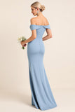 Dusty Blue Sheath Ruched Off The Shoulder Long Bridesmaid Dress