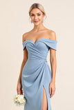 Dusty Blue Sheath Ruched Off The Shoulder Long Bridesmaid Dress