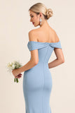 Dusty Blue Sheath Ruched Off The Shoulder Long Bridesmaid Dress