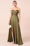 A Line Strapless Ruched Olive Bridesmaid Dress with Slit