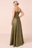 A Line Strapless Ruched Olive Bridesmaid Dress with Slit