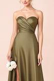A Line Strapless Ruched Olive Bridesmaid Dress with Slit
