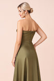 A Line Strapless Ruched Olive Bridesmaid Dress with Slit