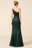 Pine Sheath One Shoulder Ruched Long Bridesmaid Dress with Slit