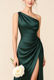 Pine Sheath One Shoulder Ruched Long Bridesmaid Dress with Slit