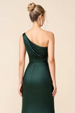 Pine Sheath One Shoulder Ruched Long Bridesmaid Dress with Slit