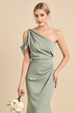 Matcha Sheath One Shoulder Chiffon Ruched Bridesmaid Dress