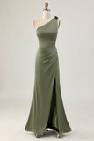 Eucalyptus Mermaid One Shoulder Long Bridesmaid Dress with Slit