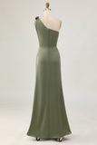 Eucalyptus Mermaid One Shoulder Long Bridesmaid Dress with Slit