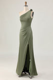 Eucalyptus Mermaid One Shoulder Long Bridesmaid Dress with Slit