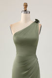 Eucalyptus Mermaid One Shoulder Long Bridesmaid Dress with Slit