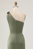 Eucalyptus Mermaid One Shoulder Long Bridesmaid Dress with Slit