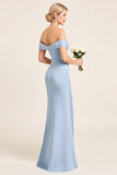 Dusty Blue Sheath Off the Shoulder Ruched Bridesmaid Dress with Slit