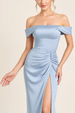 Dusty Blue Sheath Off the Shoulder Ruched Bridesmaid Dress with Slit