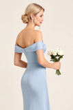 Dusty Blue Sheath Off the Shoulder Ruched Bridesmaid Dress with Slit