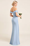 Dusty Blue Sheath Off the Shoulder Ruched Bridesmaid Dress with Slit