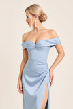 Dusty Blue Sheath Off the Shoulder Ruched Bridesmaid Dress with Slit