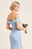 Dusty Blue Sheath Off the Shoulder Ruched Bridesmaid Dress with Slit