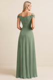 Eucalyptus A-Line Off The Shoulder Long Bridesmaid Dress with Slit