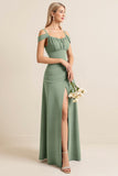 Eucalyptus A-Line Off The Shoulder Long Bridesmaid Dress with Slit
