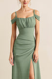 Eucalyptus A-Line Off The Shoulder Long Bridesmaid Dress with Slit