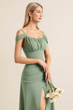 Eucalyptus A-Line Off The Shoulder Long Bridesmaid Dress with Slit