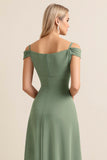 Eucalyptus A-Line Off The Shoulder Long Bridesmaid Dress with Slit