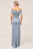 Dusty Blue Sheath Off The Shoulder Ruched Bridesmaid Dress with Slit