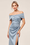 Dusty Blue Sheath Off The Shoulder Ruched Bridesmaid Dress with Slit