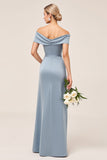 Dusty Blue Sheath Off The Shoulder Ruched Bridesmaid Dress with Slit